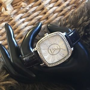 Ladies Embassy black leather rhinestone watch